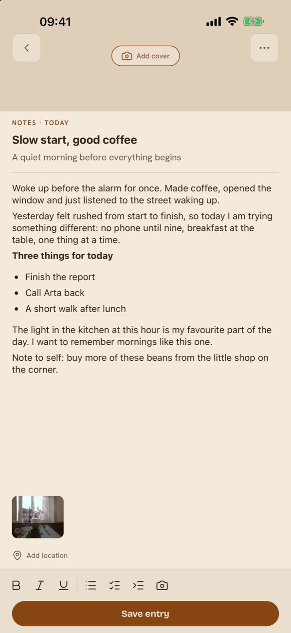 A morning note with a bold heading, a bullet list and a photo of coffee by the window