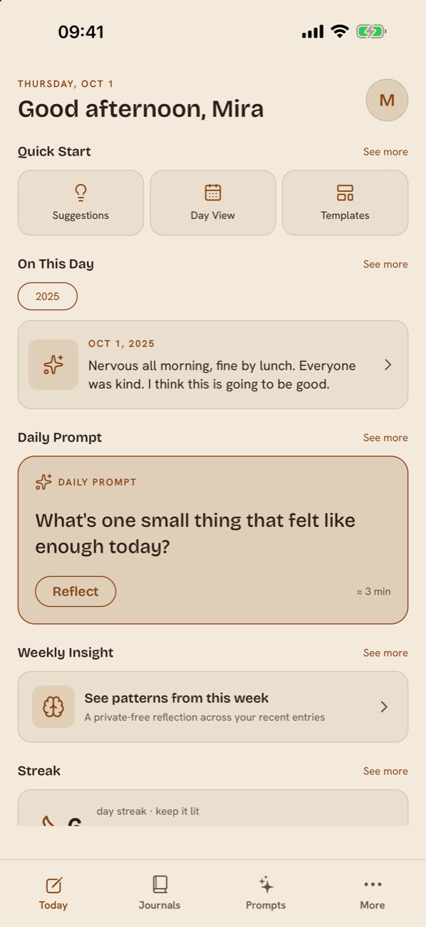 The Today screen greeting Mira by name, with the daily prompt, On this day and a writing streak